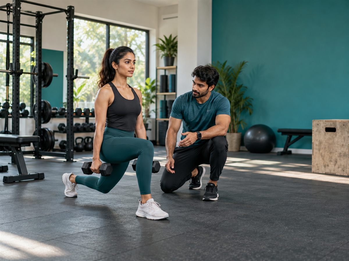 Illustrative trainer guiding a member in a fitness studio