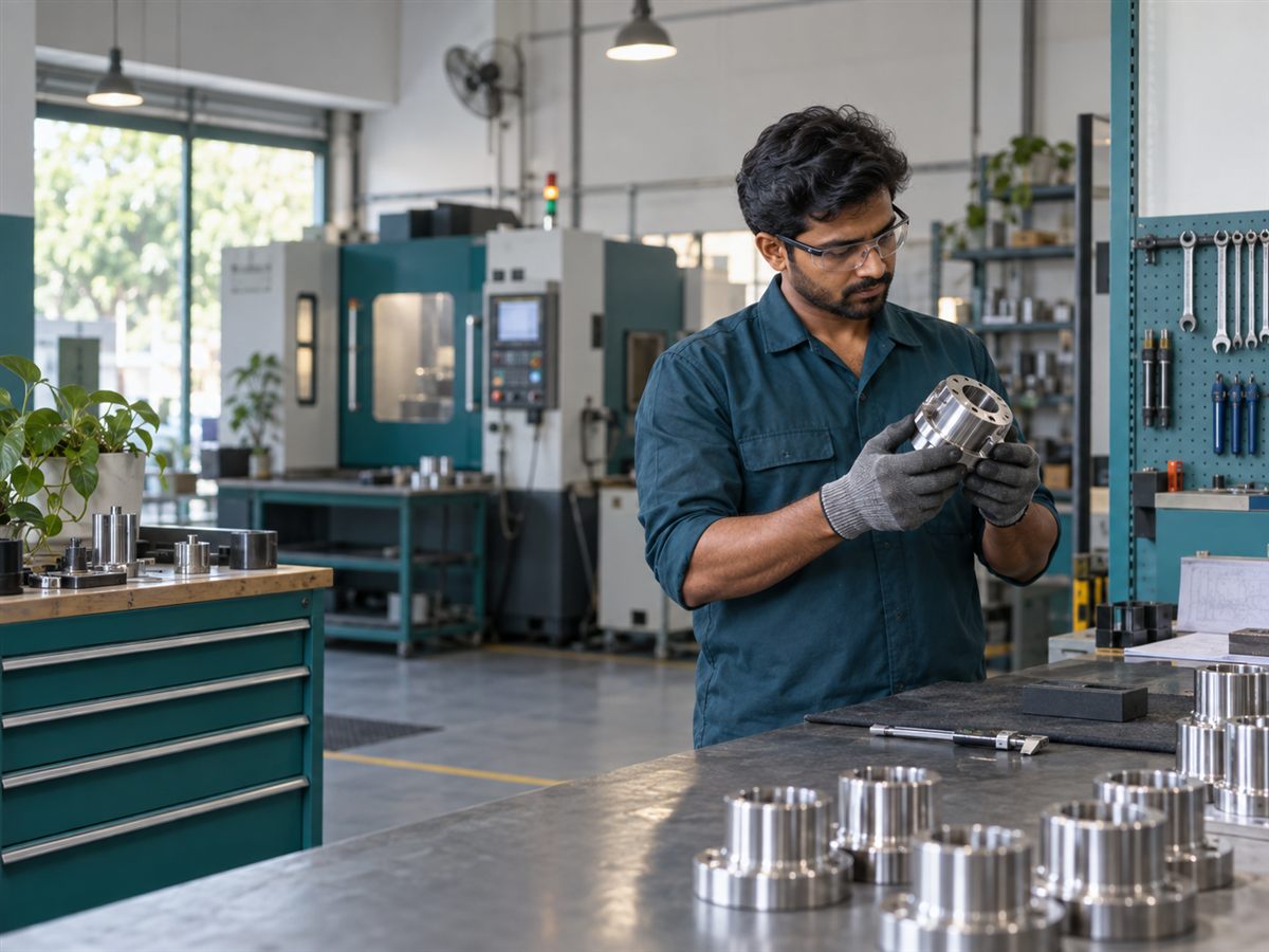 Illustrative workshop operator inspecting a manufactured metal part