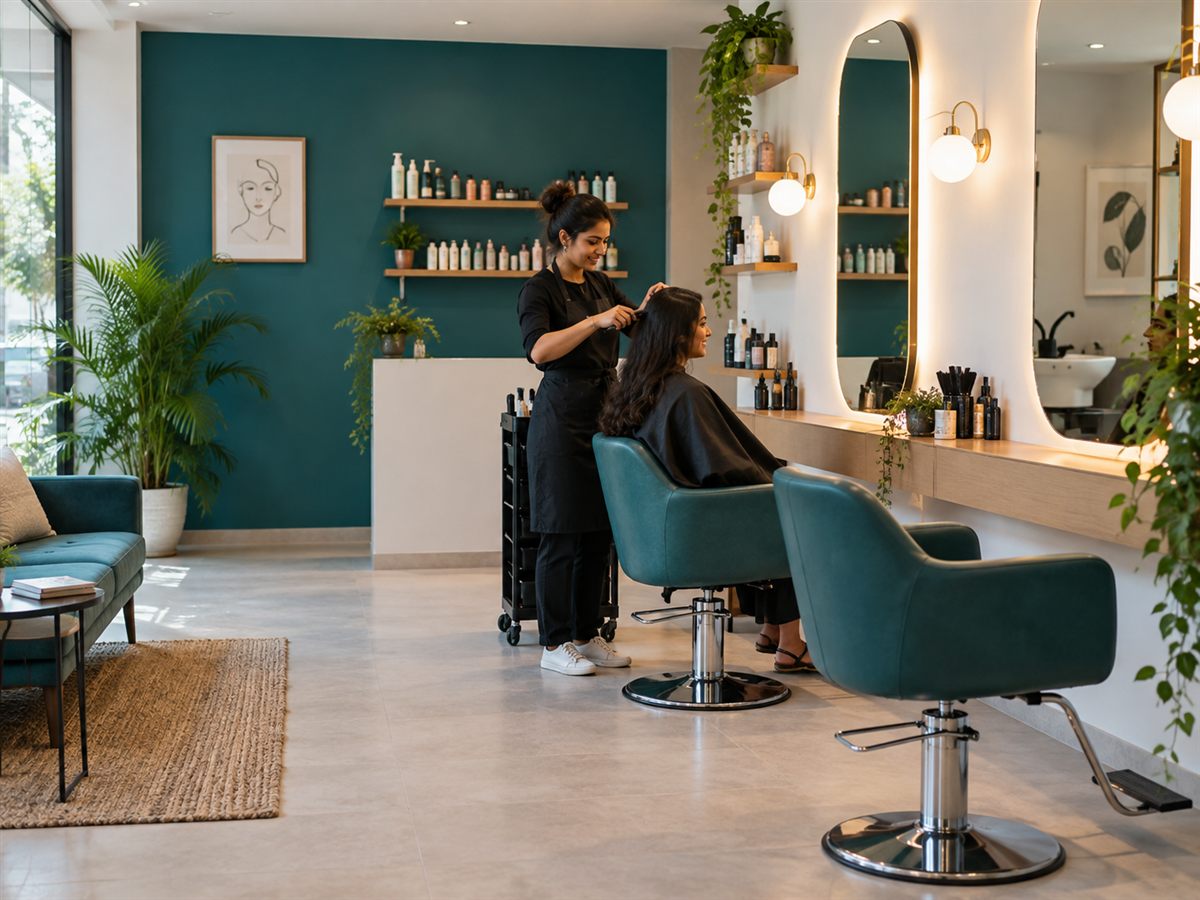 Illustrative beauty parlour with stylist serving a customer
