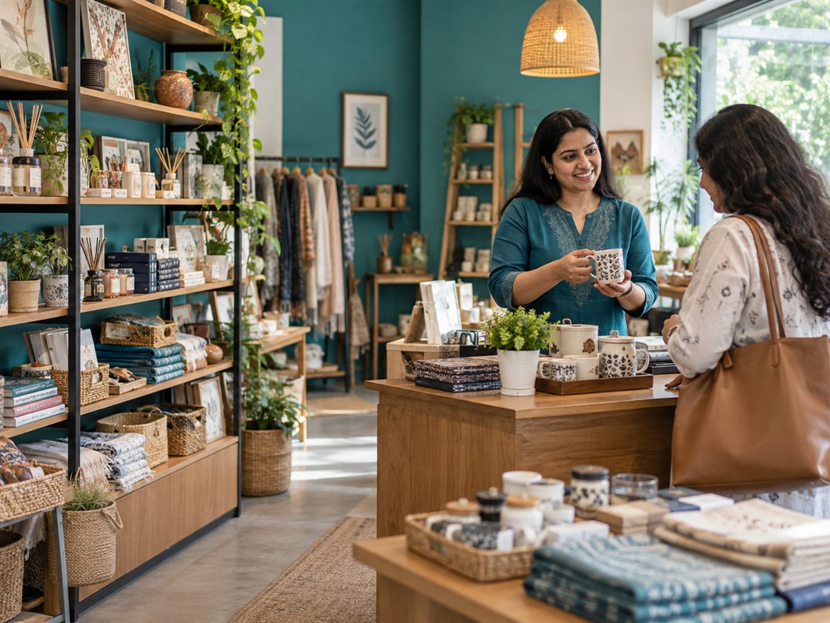 Illustrative independent shop owner showing a product to a customer